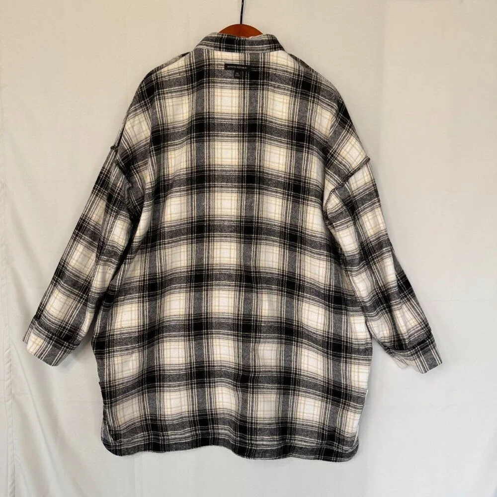 Banana Republic Flannel Black Ivory Plaid Long Line Oversized Shacket Size XL